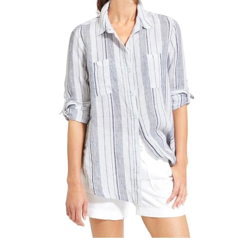 Athleta Linen Stripe Peninsula Button Down Shirt Navy White Large Coastal Preppy